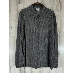 Hot Cotton By Marc Ware Button‎ Up Blouse Size Medium Black Gray Plaid Tweed